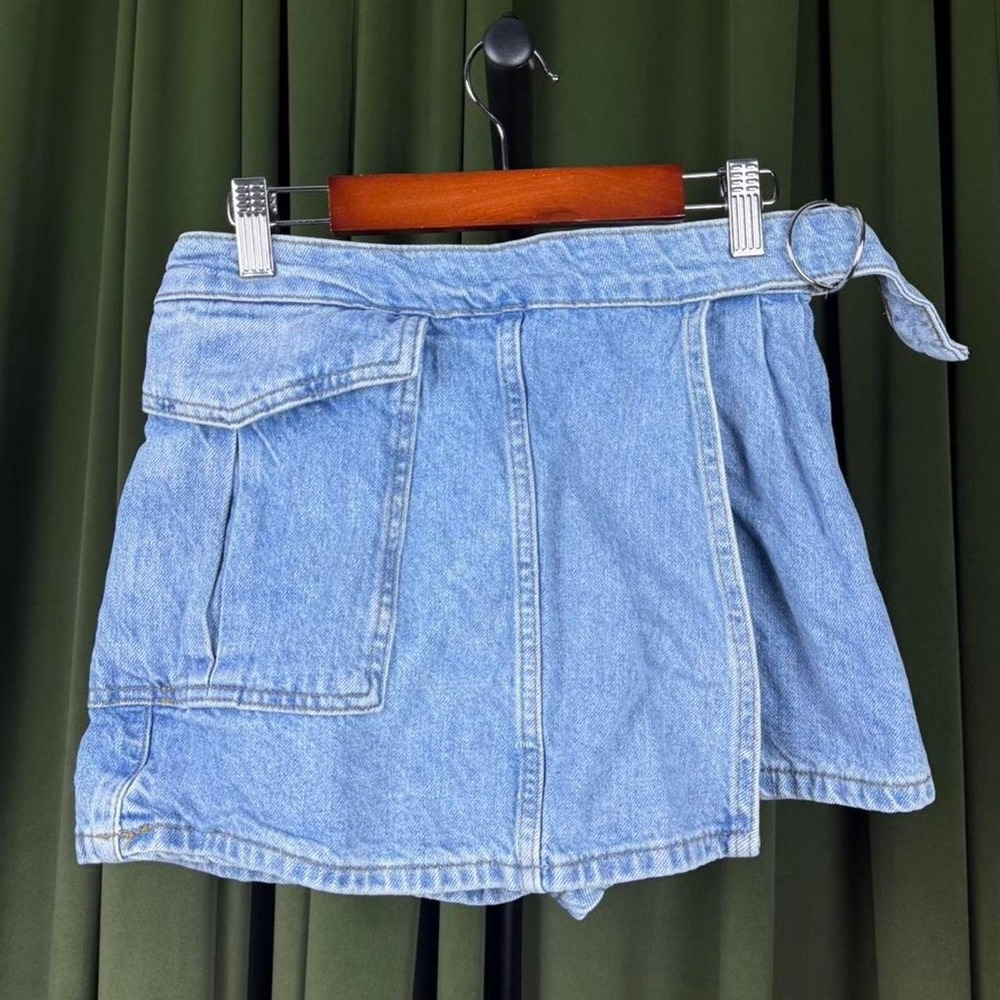 Zara Girls Light Wash Denim Skort Mini Skirt Cargo Pocket Blue Size 11-12 152cm